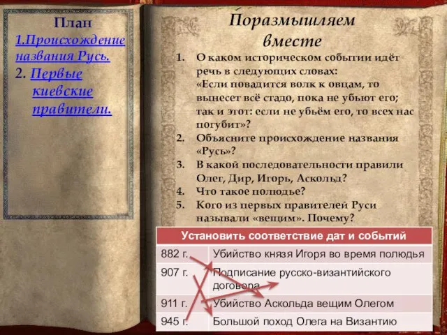 План 1.Происхождение названия Русь. 2. Первые киевские правители. Поразмышляем вместе О каком