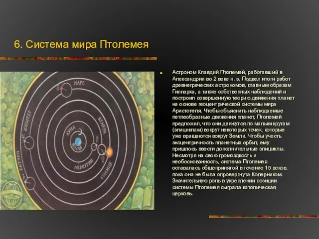 6. Система мира Птолемея Астроном Клавдий Птолемей, работавший в Александрии во 2