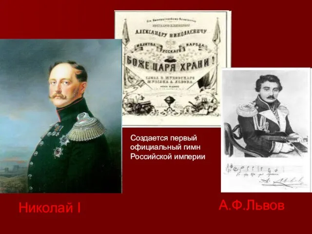 Создается первый официальный гимн Российской империи Николай I А.Ф.Львов