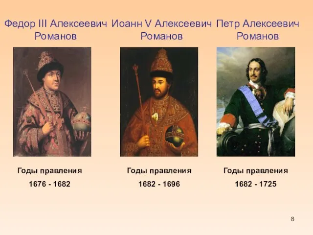 Федор III Алексеевич Романов Иоанн V Алексеевич Романов Петр Алексеевич Романов Годы