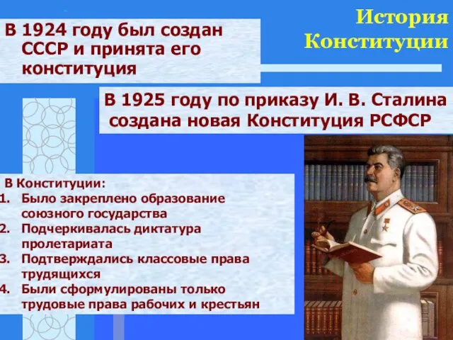 История Конституции В 1924 году был создан СССР и принята его конституция