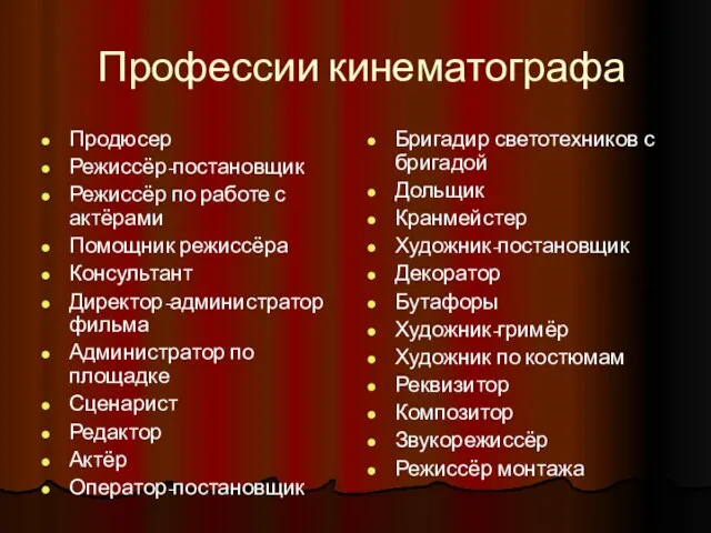 Профессии кинематографа Продюсер Режиссёр-постановщик Режиссёр по работе с актёрами Помощник режиссёра Консультант