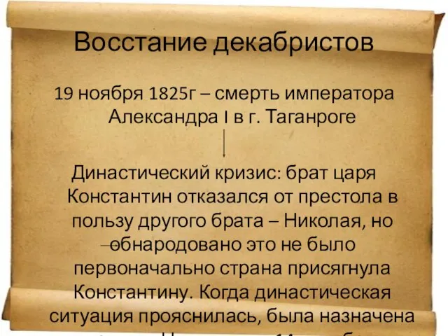 Восстание декабристов 19 ноября 1825г – смерть императора Александра I в г.