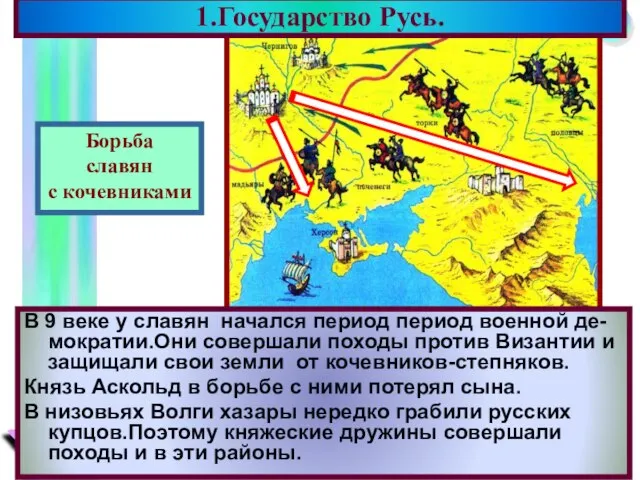 1.Государство Русь. В 9 веке у славян начался период период военной де-мократии.Они