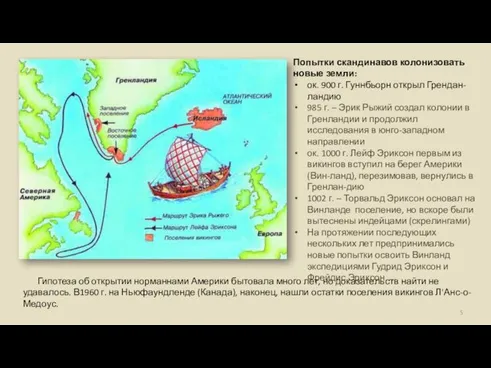 Попытки скандинавов колонизовать новые земли: ок. 900 г. Гуннбьорн открыл Грендан-ландию 985