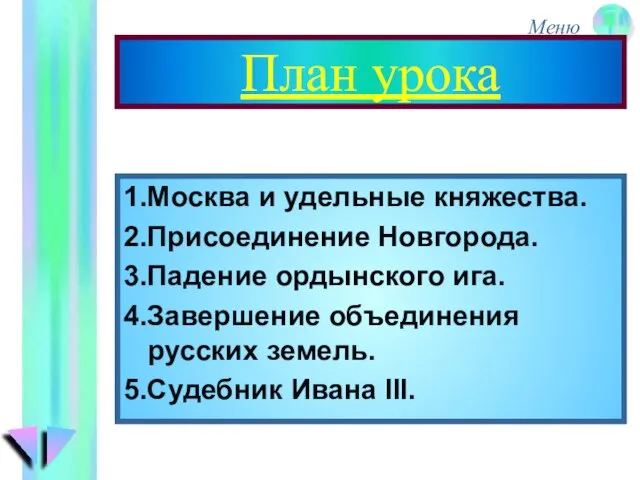 План урока 1.Москва и удельные княжества. 2.Присоединение Новгорода. 3.Падение ордынского ига. 4.Завершение