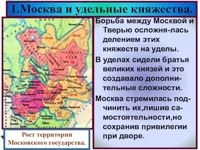 Борьба между Москвой и Тверью осложня-лась делением этих княжеств на уделы. В