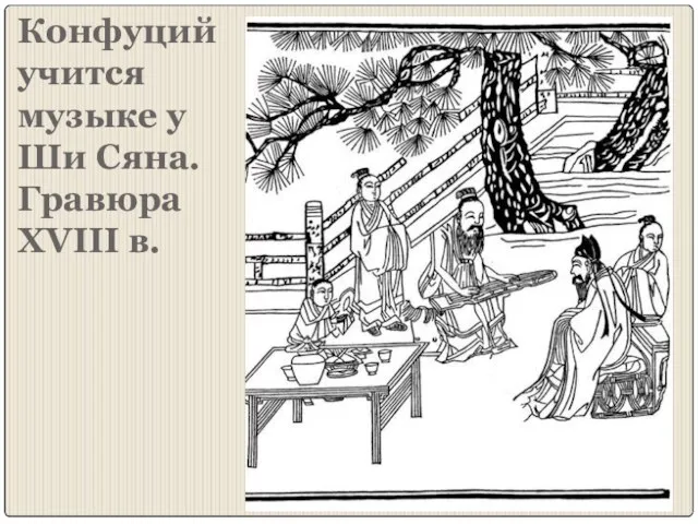 Конфуций учится музыке у Ши Сяна. Гравюра XVIII в.
