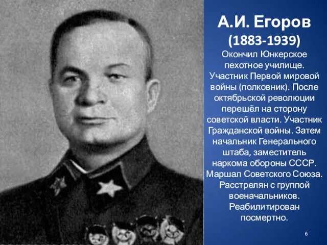 А.И. Егоров (1883-1939) Окончил Юнкерское пехотное училище. Участник Первой мировой войны (полковник).
