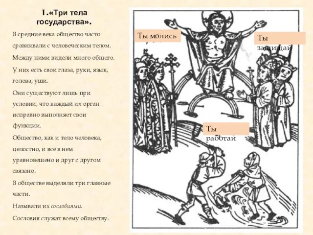 1.«Три тела государства». В средние века общество часто сравнивали с человеческим телом.