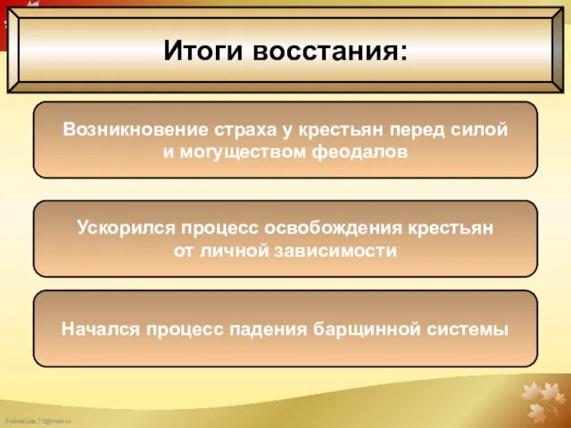 Итоги восстания: Возникновение страха у крестьян перед силой и могуществом феодалов Ускорился