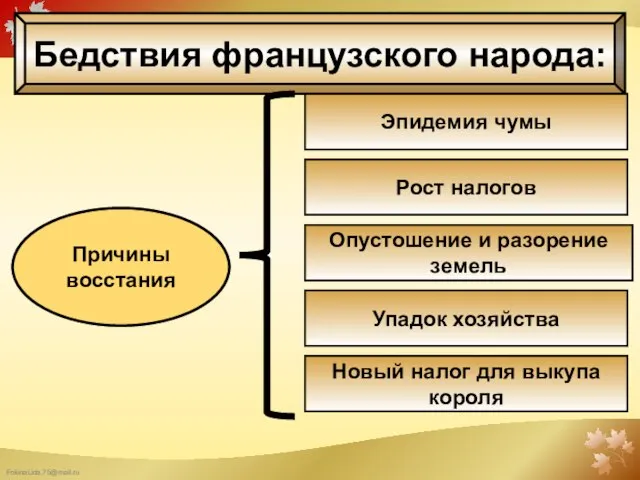 Бедствия французского народа: Эпидемия чумы Рост налогов Опустошение и разорение земель Упадок