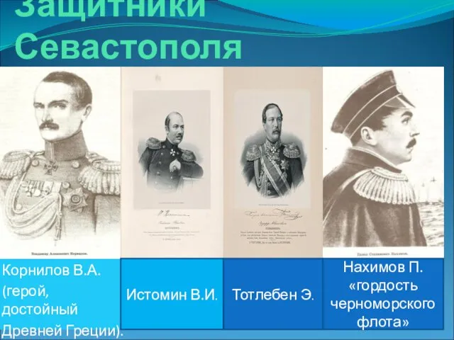 Защитники Севастополя Корнилов В.А. (герой, достойный Древней Греции). Нахимов П. «гордость черноморского