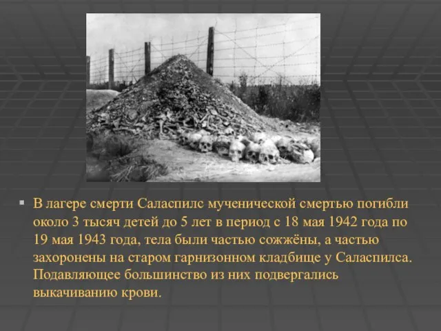В лагере смерти Саласпилс мученической смертью погибли около 3 тысяч детей до