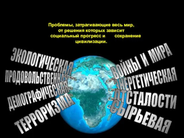 ГЛОБАЛЬНЫЕ ПРОБЛЕМЫ Проблемы, затрагивающие весь мир, от решения которых зависит социальный прогресс