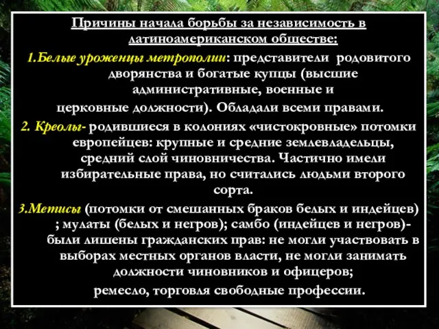 Причины начала борьбы за независимость в латиноамериканском обществе: 1.Белые уроженцы метрополии: представители