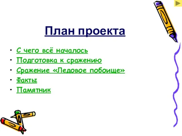 План проекта С чего всё началось Подготовка к сражению Сражение «Ледовое побоище» Факты Памятник