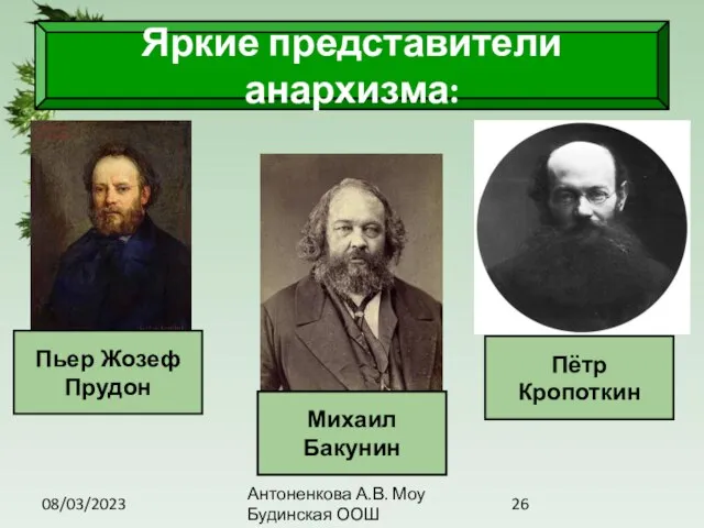 08/03/2023 Антоненкова А.В. Моу Будинская ООШ Яркие представители анархизма: Пьер Жозеф Прудон Михаил Бакунин Пётр Кропоткин