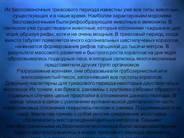 Подводный мир Из беспозвоночных триасового периода известны уже все типы животных, существующих