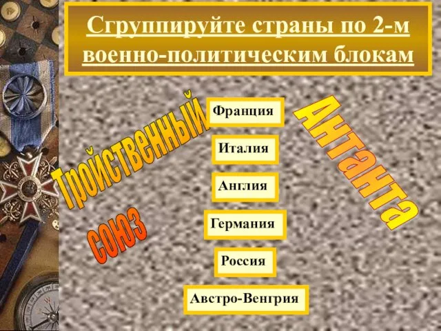 Сгруппируйте страны по 2-м военно-политическим блокам Тройственный союз Антанта Россия Германия Франция Австро-Венгрия Англия Италия