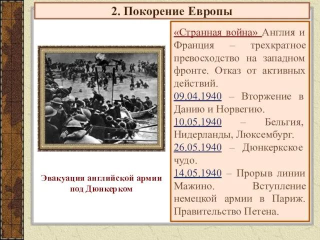 2. Покорение Европы «Странная война» Англия и Франция – трехкратное превосходство на