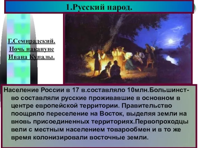 Население России в 17 в.составляло 10млн.Большинст-во составляли русские проживавшие в основном в