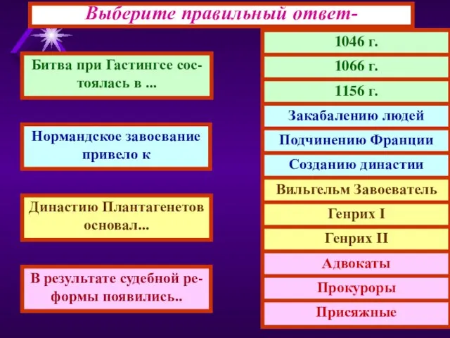 Выберите правильный ответ- Битва при Гастингсе сос- тоялась в ... Нормандское завоевание