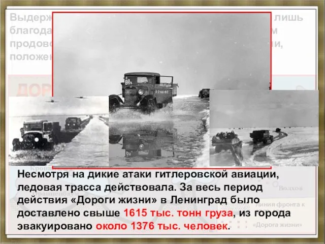 «Дорога жизни» Выдержать зиму 1941-1942 гг. защитники смогли лишь благодаря беспримерному мужеству