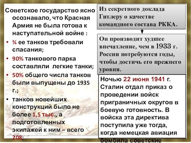 Советское государство ясно осознавало, что Красная Армия не была готова к наступательной