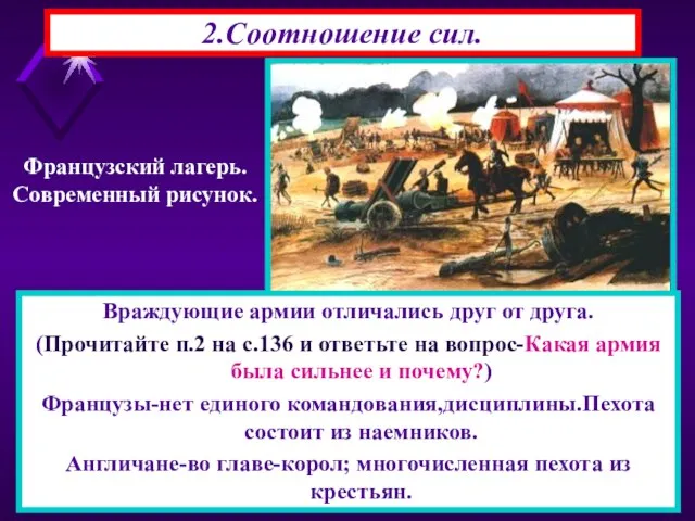 2.Соотношение сил. Враждующие армии отличались друг от друга. (Прочитайте п.2 на с.136