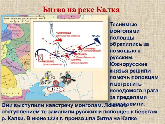 Битва на реке Калка Теснимые монголами половцы обратились за помощью к русским.