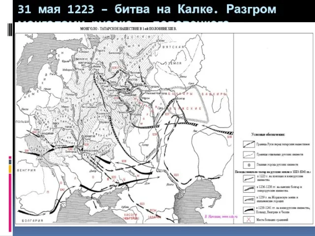 31 мая 1223 – битва на Калке. Разгром монголами русско – половецкого войска.