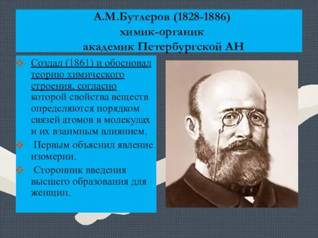 А.М.Бутлеров (1828-1886) химик-органик академик Петербургской АН Создал (1861) и обосновал теорию химического