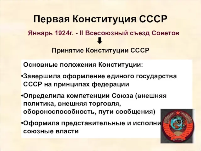 Первая Конституция СССР Январь 1924г. - II Всесоюзный съезд Советов Принятие Конституции