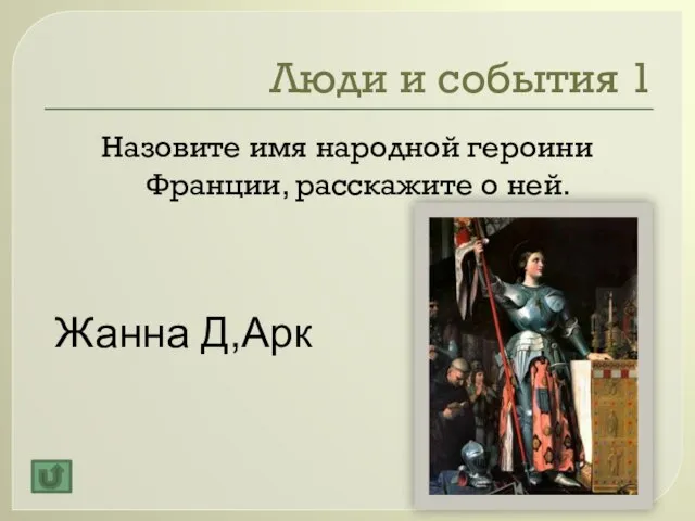 Люди и события 1 Назовите имя народной героини Франции, расскажите о ней. Жанна Д,Арк