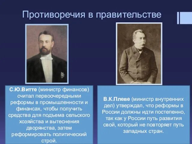 Противоречия в правительстве С.Ю.Витте (министр финансов) считал первоочередными реформы в промышленности и