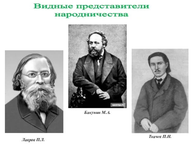 Видные представители народничества Лавров П.Л. Бакунин М.А. Ткачев П.Н.