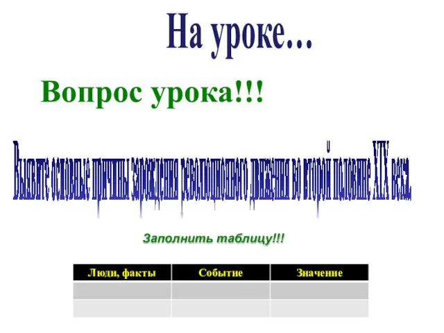 На уроке… Выявите основные причины зарождения революционного движения во второй половине XIX