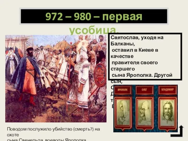 972 – 980 – первая усобица. Святослав, уходя на Балканы, оставил в