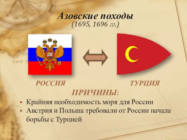 Азовские походы (1695, 1696 гг.) РОССИЯ ТУРЦИЯ ПРИЧИНЫ: Крайняя необходимость моря для