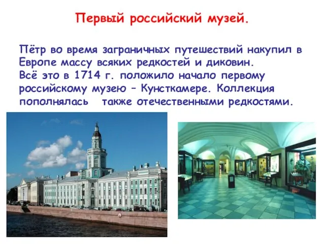 Первый российский музей. Пётр во время заграничных путешествий накупил в Европе массу