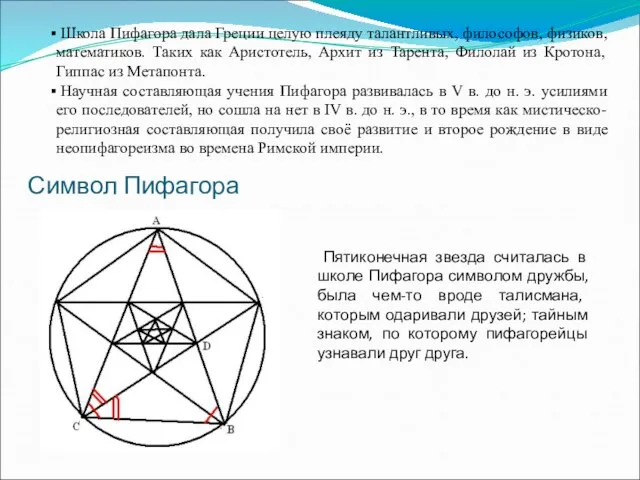 Символ Пифагора Пятиконечная звезда считалась в школе Пифагора символом дружбы, была чем-то