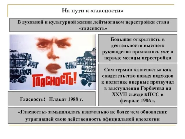 На пути к «гласности» В духовной и культурной жизни лейтмотивом перестройки стала