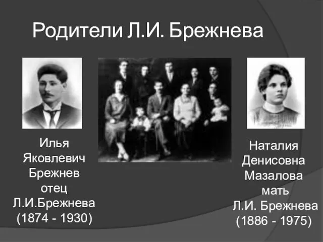 Родители Л.И. Брежнева Илья Яковлевич Брежнев отец Л.И.Брежнева (1874 - 1930) Наталия