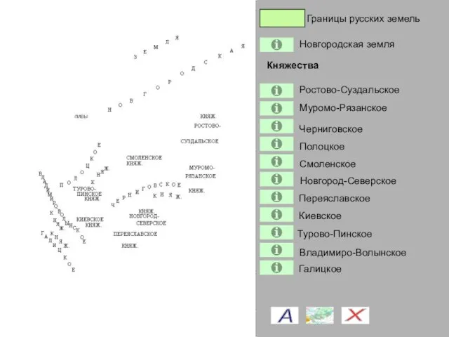 Владимиро-Волынское Границы русских земель Новгородская земля Ростово-Суздальское Муромо-Рязанское Черниговское Полоцкое Смоленское Новгород-Северское