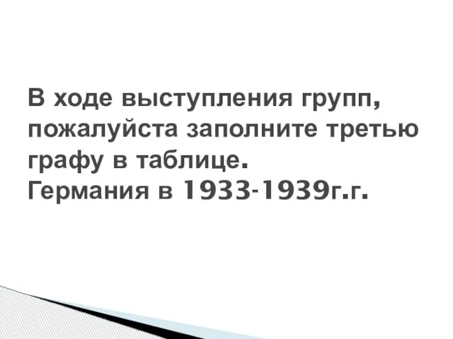 В ходе выступления групп, пожалуйста заполните третью графу в таблице. Германия в 1933-1939г.г.