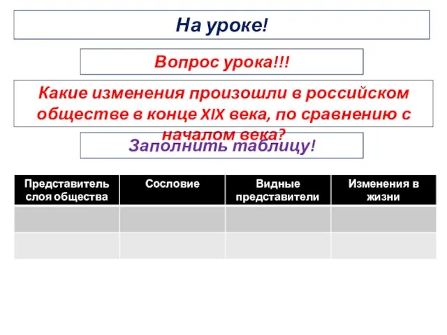 На уроке! Вопрос урока!!! Какие изменения произошли в российском обществе в конце