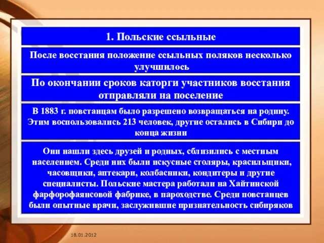 1. Польские ссыльные После восстания положение ссыльных поляков несколько улучшилось По окончании