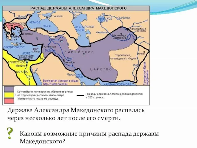 Держава Александра Македонского распалась через несколько лет после его смерти. Каковы возможные причины распада державы Македонского?