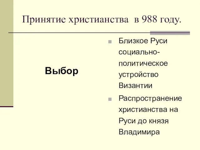 Принятие христианства в 988 году. Выбор Близкое Руси социально-политическое устройство Византии Распространение